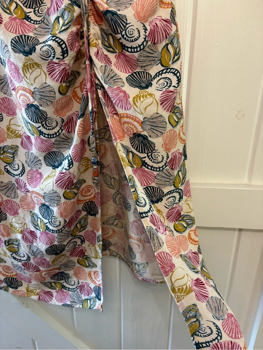 Anthropologie Linen Blend Seashell Print Midi Dress Side Slit Resort Coastal S